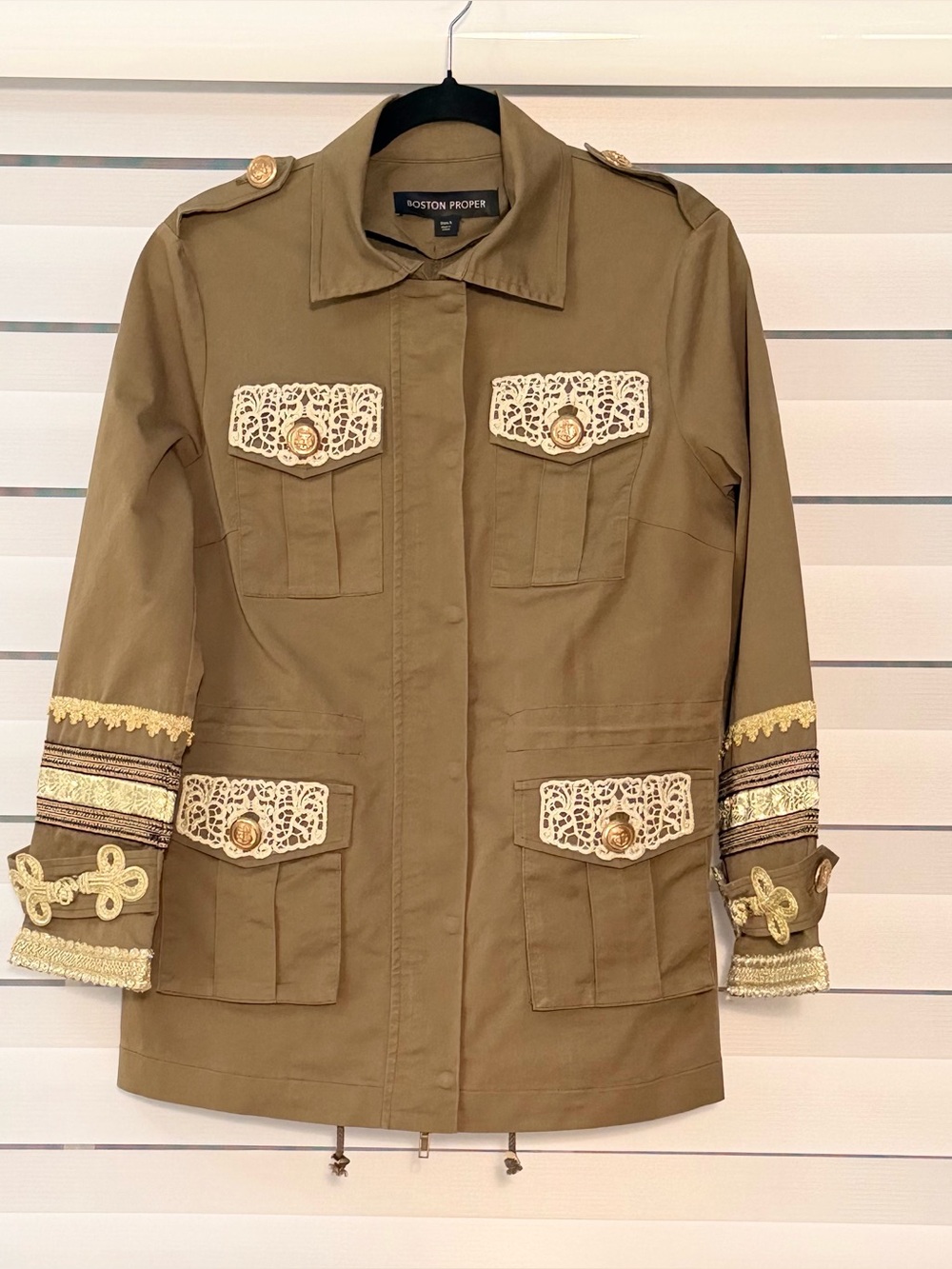 Boston Proper Military Utility Jacket Lace Gold Trim Olive Cargo Jacket Small
